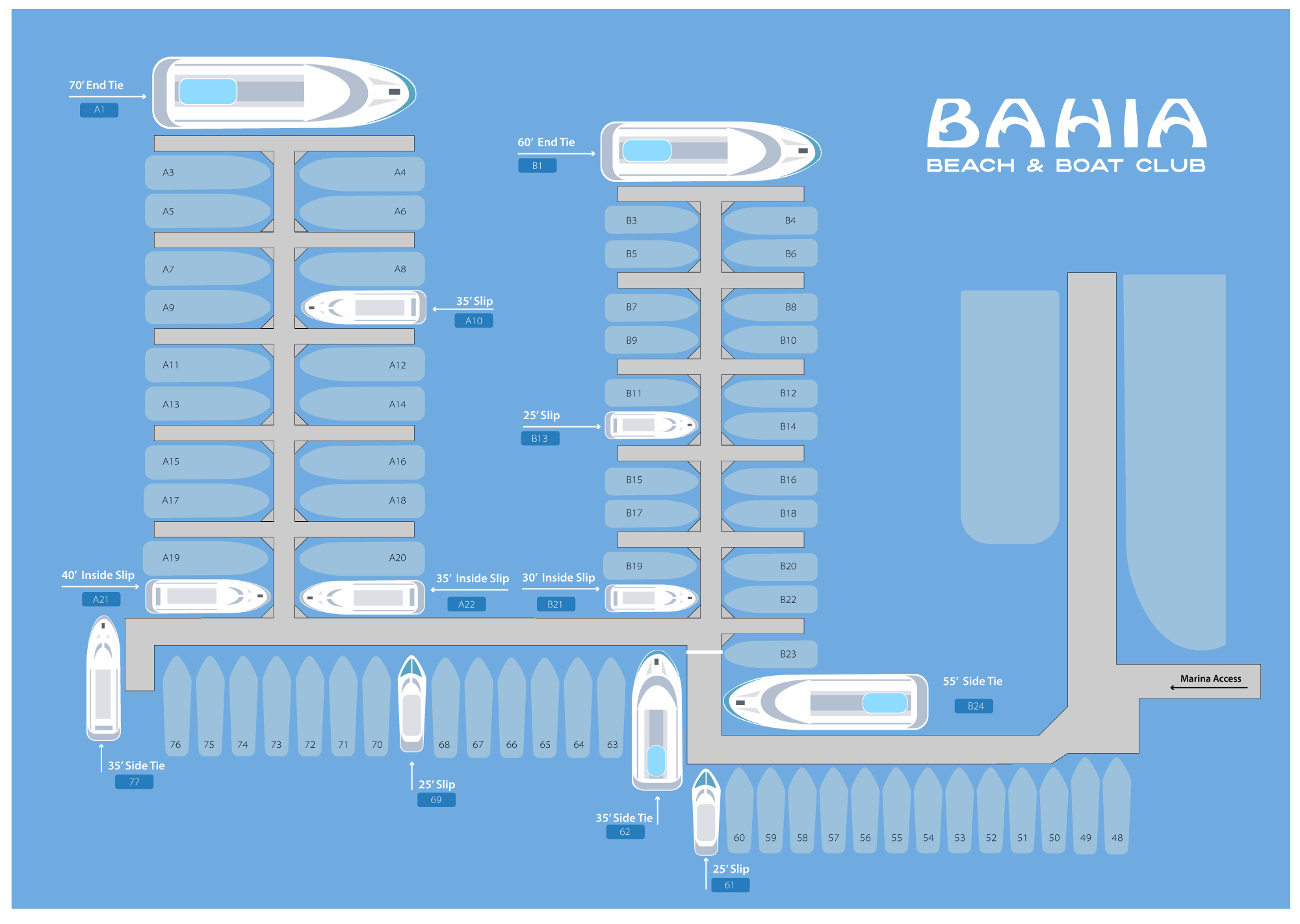 Map showing slips and bow ties at the Bahia Beach and Boat Club in Mission Bay, San Diego